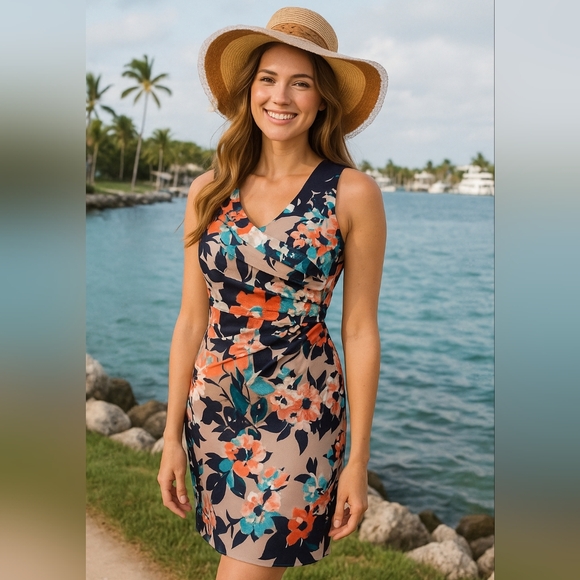 Ivanka Trump, Curvy Floral Starburst Sheath Dress Zipper Size 6 Small to Medium - Picture 10 of 11